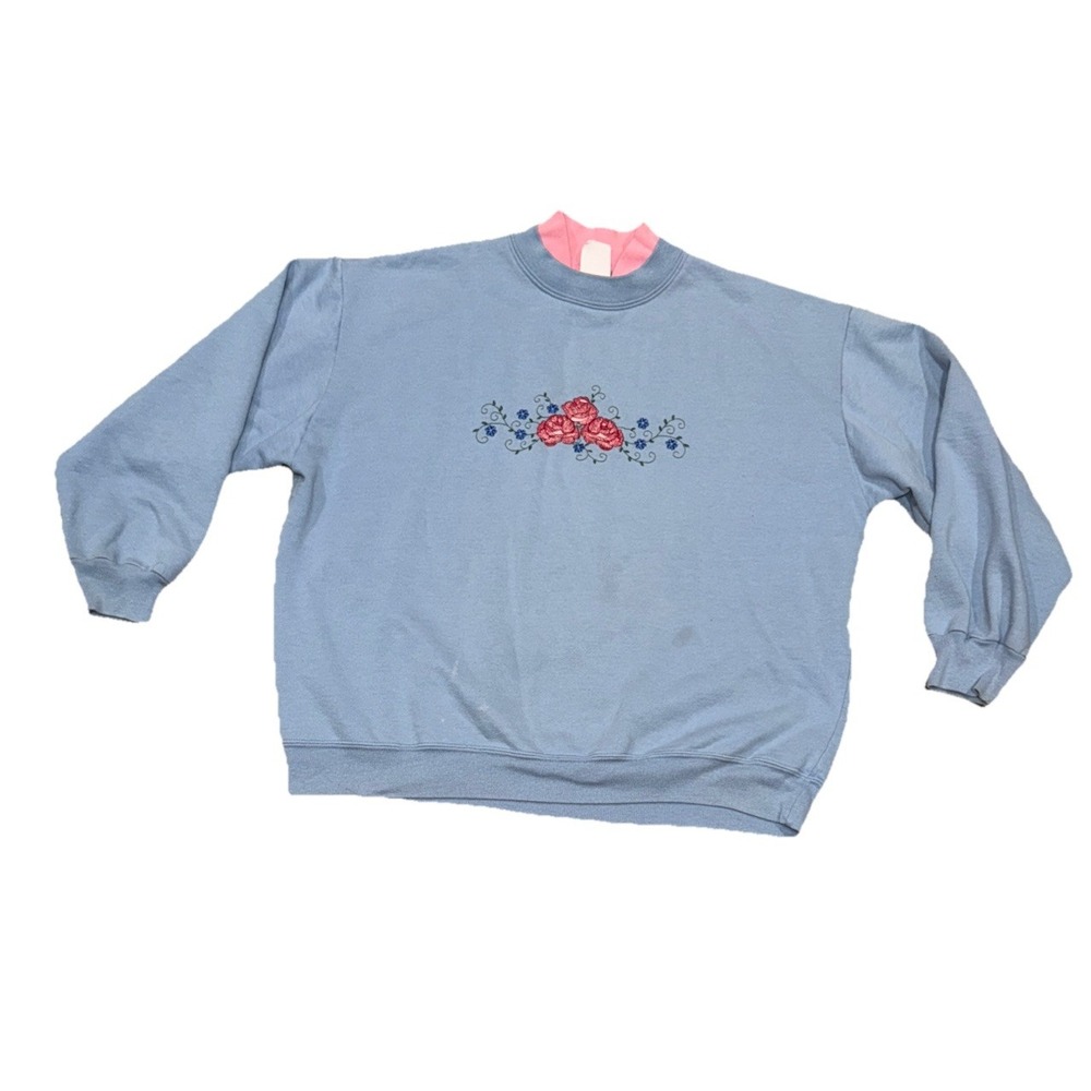 Vintage Ginnis Girl Lt Blue Sweatshirt Women's XL Grandma USA Embroidered Floral